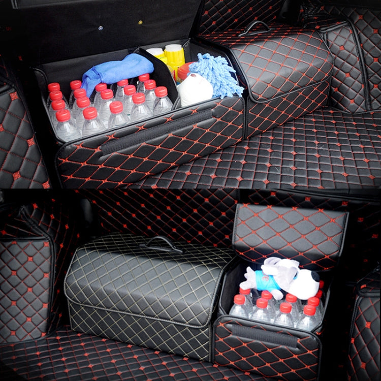 Car trunk foldable storage box organizer with checkered compartments holding bottles and items