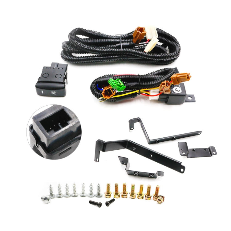Fog light wiring harness kit with switch module, connectors, and mounting brackets