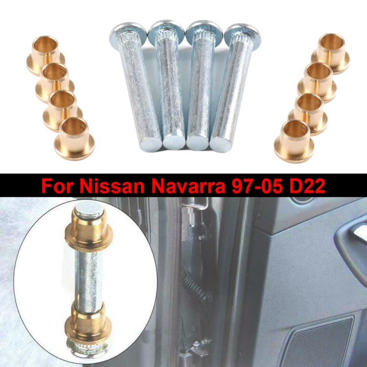 Car door hinge pin bushing repair kit with silver pins, bronze bushings, and inset detail.