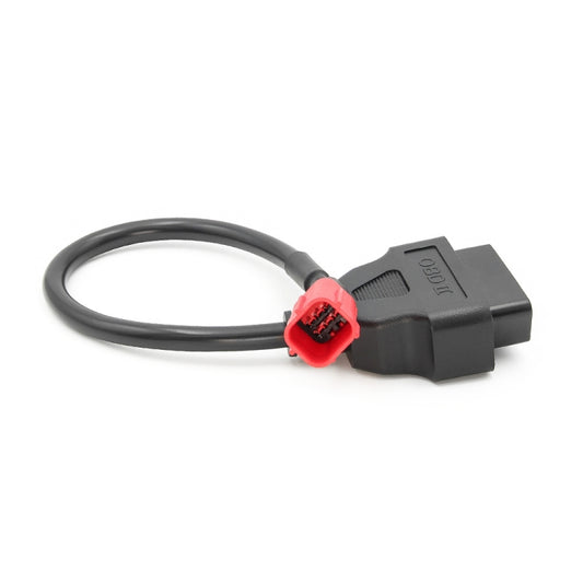 Motorcycle OBD2 adapter cable with red 6-pin plug and compact black OBDII connector