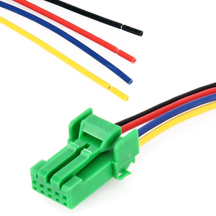 Fog light wiring harness with green plug and red, blue, yellow and black wires
