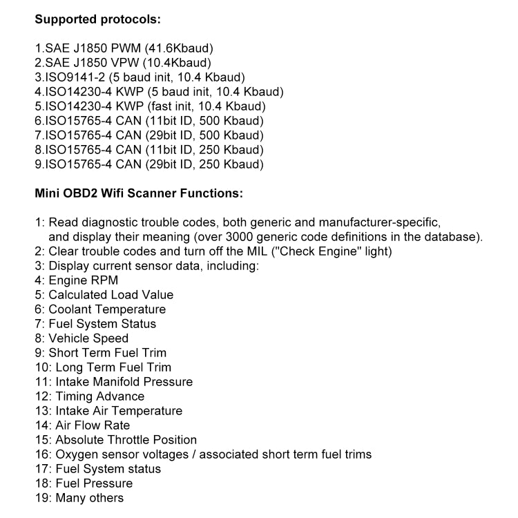 Printout listing supported protocols and mini OBD2 WiFi scanner functions