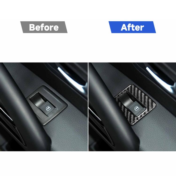 Carbon fiber window button sticker set shown before and after on car door switches