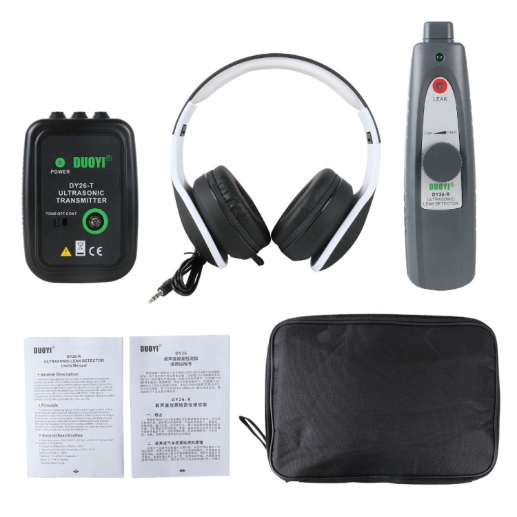 Ultrasonic leak detector kit with headphones, transmitter, handheld tester, and storage pouch