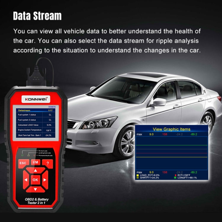 KONNWEI OBD2 and battery tester with data stream display and car graphic