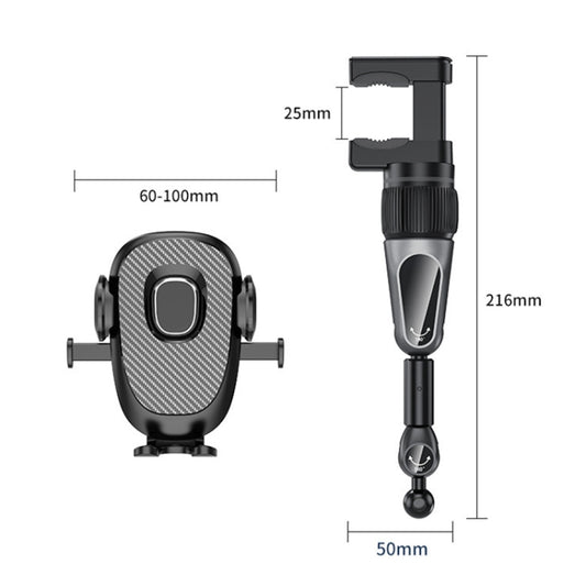 Car phone holder dimensions diagram showing adjustable clip cradle and mount, black