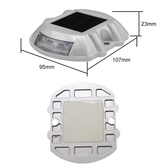 Solar road stud light with mounting base shown from top and underside