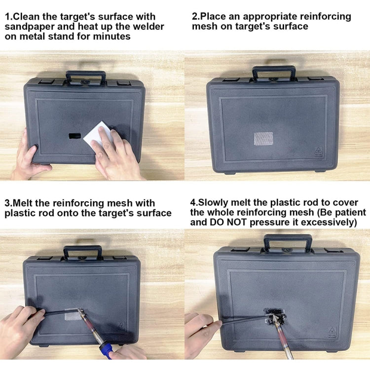 Instruction sheet showing plastic crack repair steps with soldering iron and mesh