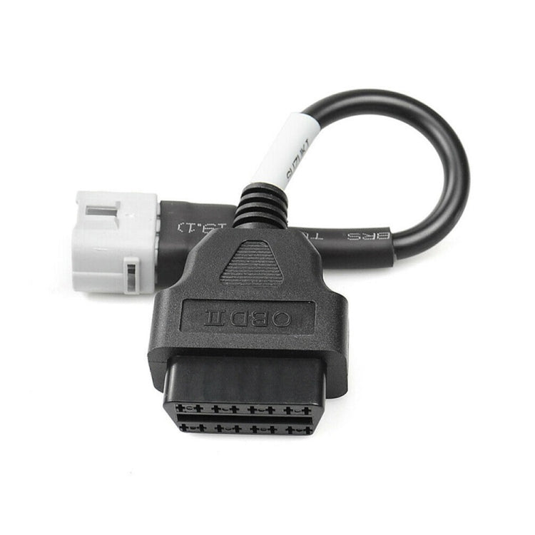 Motorcycle OBD 16-pin plug to 6-pin adapter cable, angled view, black and white