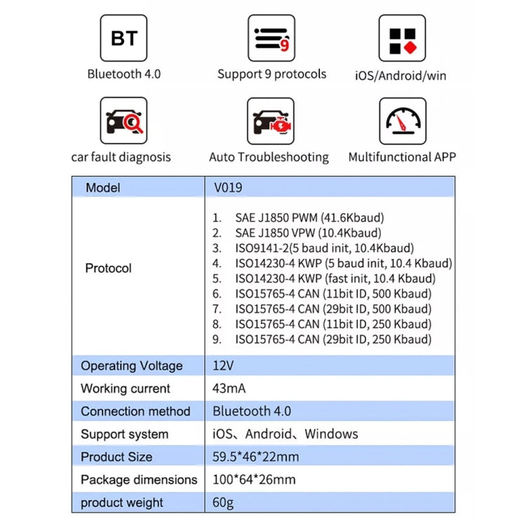 V019 OBD2 Scanner Bluetooth 4.0 ELM327 Car Diagnostic Tool, V019