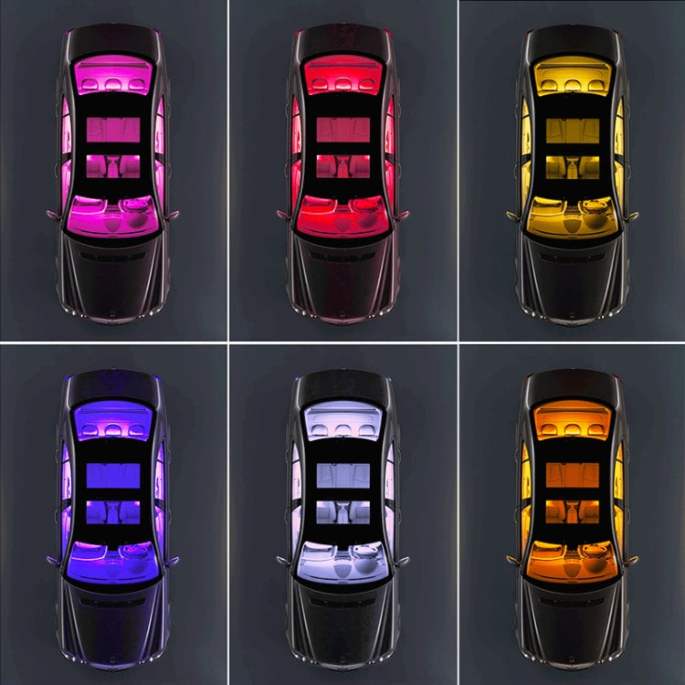 Top-down car lighting modes showing purple, red, yellow, and blue LED color effects