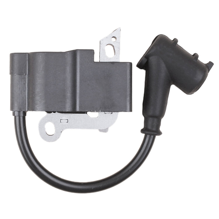 Ignition coil module with gray housing, metal bracket, and black wire lead