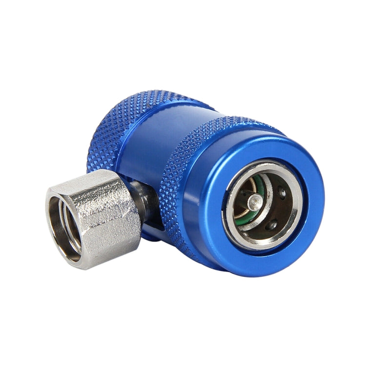 Blue 90-degree AC quick joint with silver hex fitting and valve port