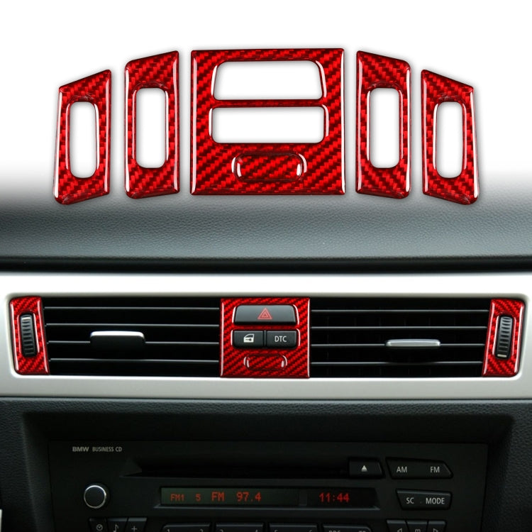 Installed red carbon fiber dashboard vent trim stickers, with center grille insert