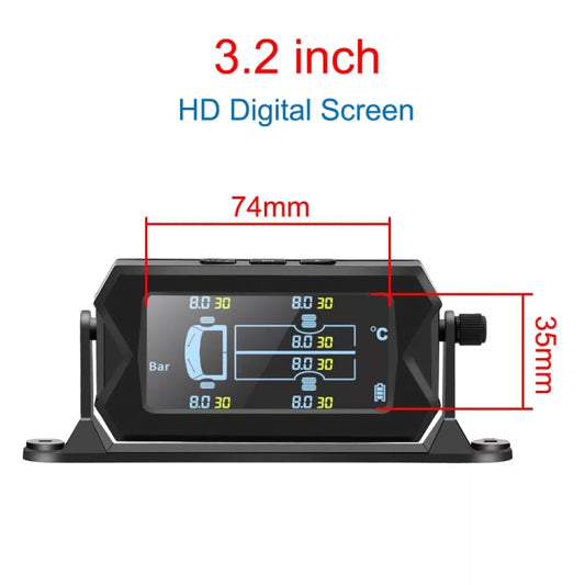 Solar TPMS display unit with 3.2-inch HD screen showing pressure and temperature