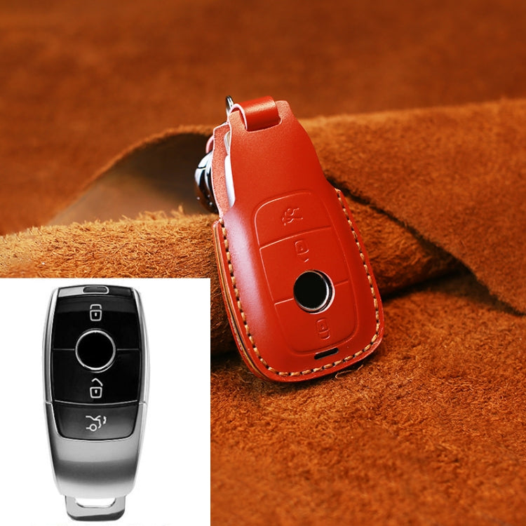 Leather car key protective cover case, red with brown edge stitching and keyring loop