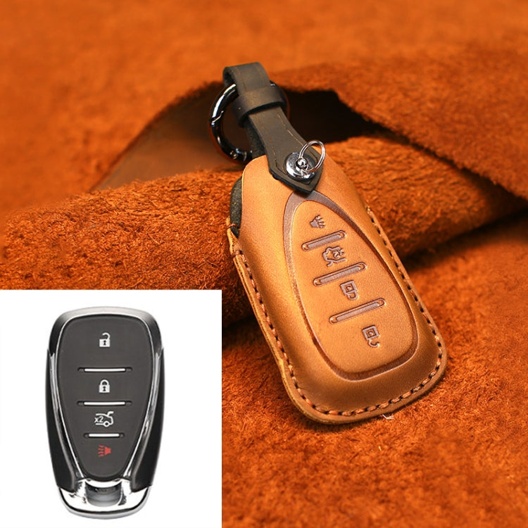 Brown leather key fob cover with key ring and stitched edge, four-button style