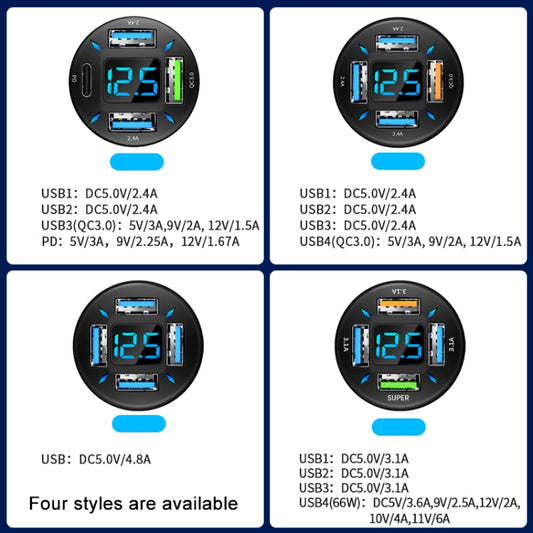 2pcs 4 in 1 USB 4.8A Digital Display Car Charger, 4.8A