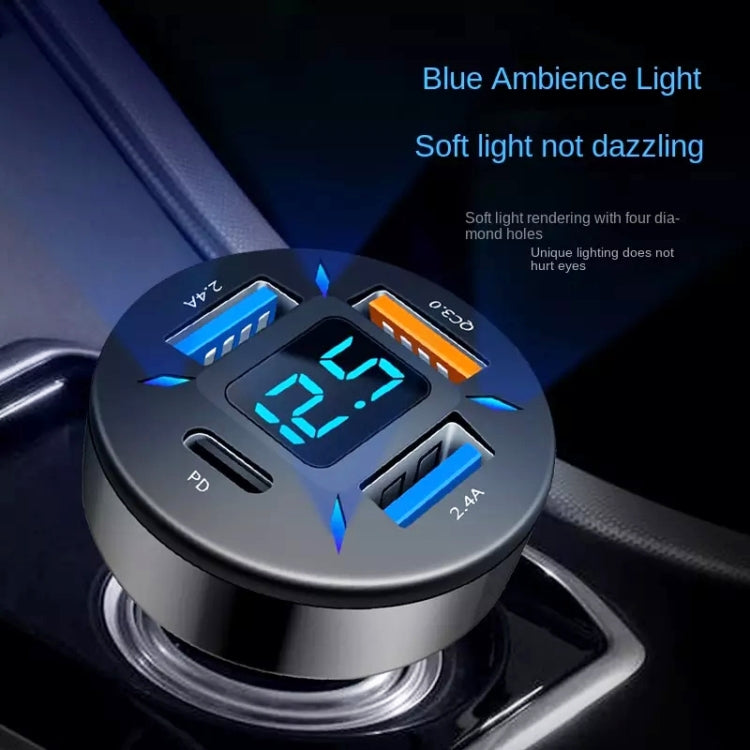 Black 4-port car charger with blue illuminated digital display and built-in ports