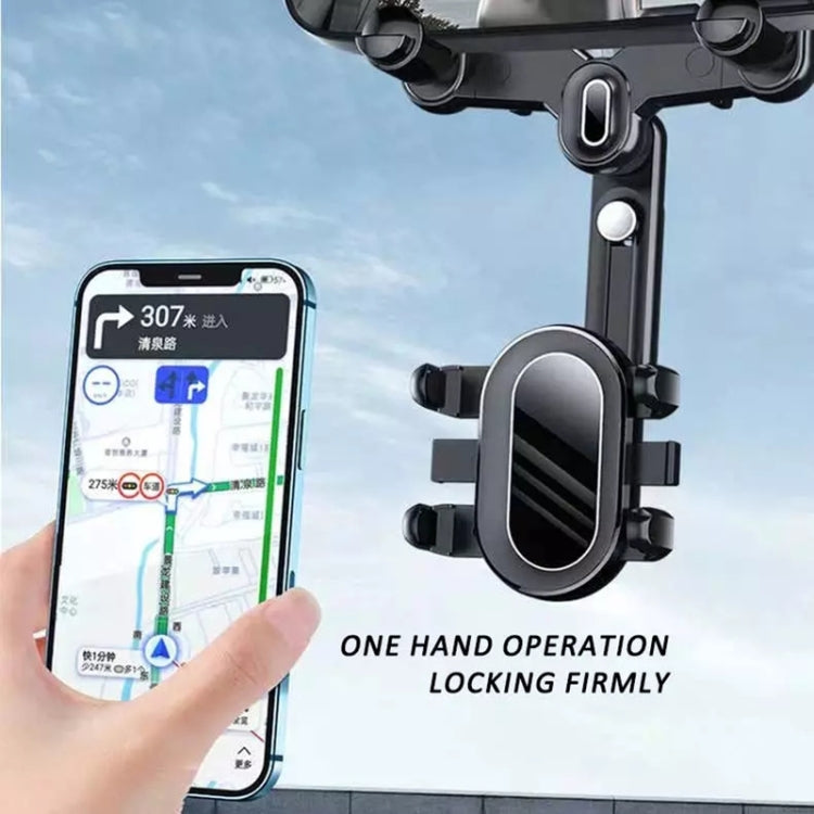 Black rearview mirror phone holder with side clamps and hands-free one-touch locking cradle