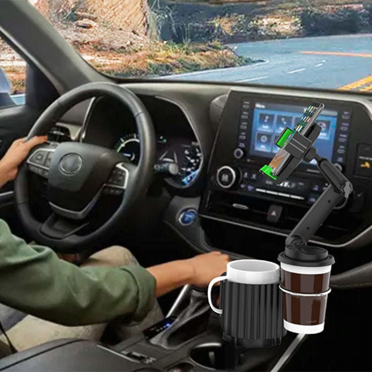Car interior phone holder with cup rack, holding white and brown travel cups