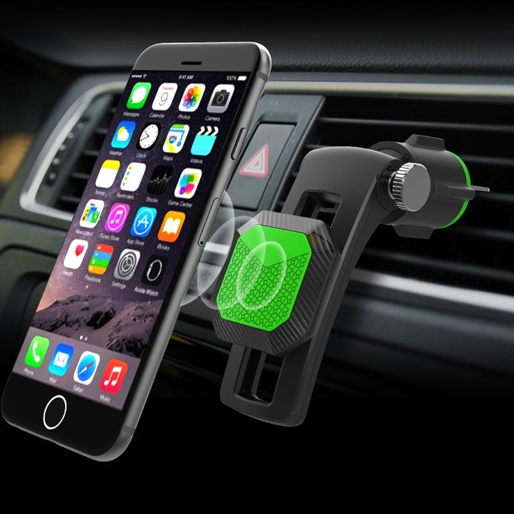 Magnetic phone holder for car air vent with green textured grip and adjustable arm