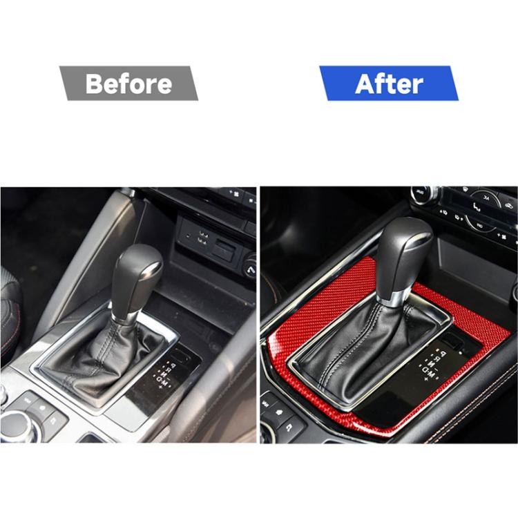 Gear panel trim sticker before-and-after, red carbon fiber installed