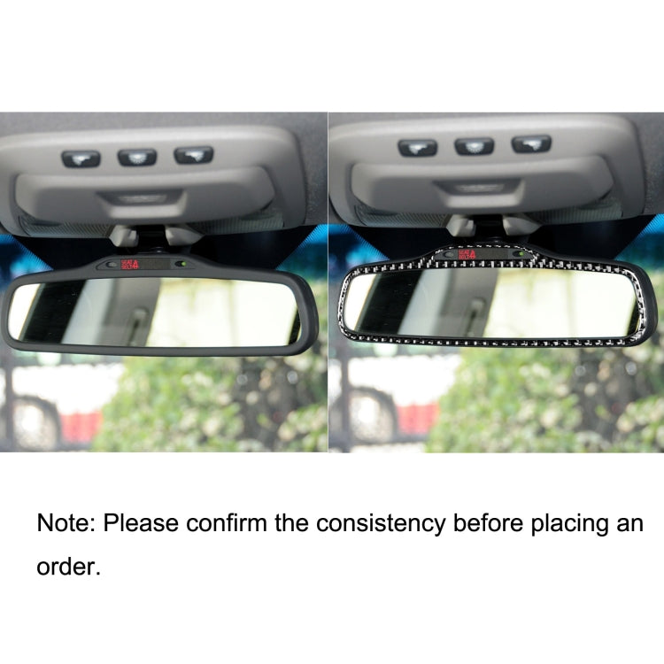 Before-and-after view of installed carbon fiber rearview mirror trim in black