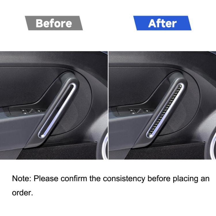 Before-and-after view: carbon fiber-look door handle trim sticker installed on door