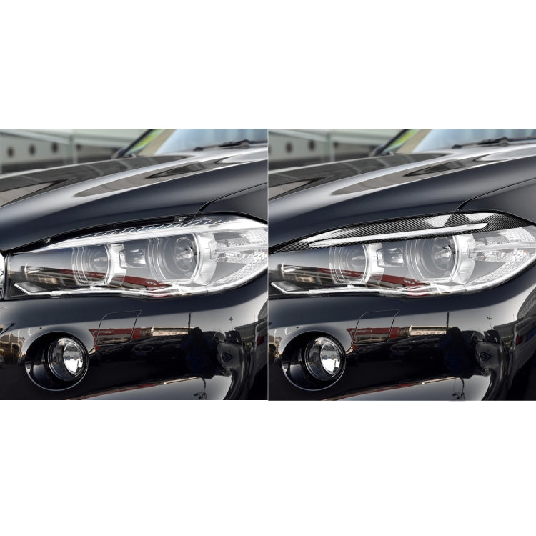 Carbon fiber headlight eyebrow sticker set displayed on front headlight, dark woven