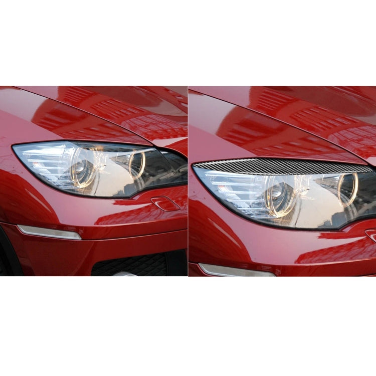 Headlight eyebrow sticker on red car, carbon fiber curved trim shown from two angles