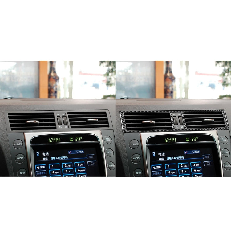 Dashboard air vent trim before-and-after: carbon-fiber frame over grille