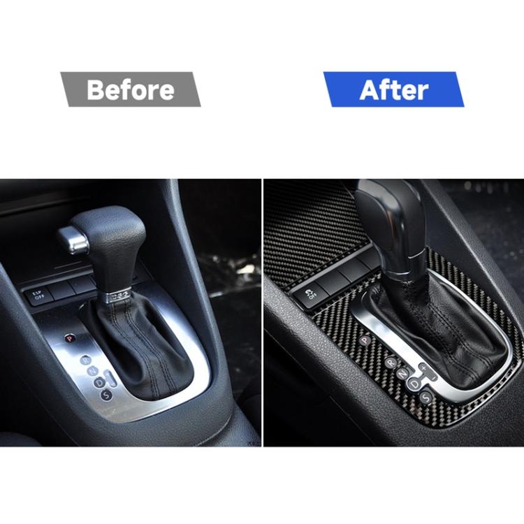 Gear shift surround before-and-after view; carbon fiber trim adds a woven pattern