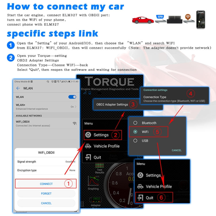 Connection instruction screen for OBD2 WiFi adapter with step-by-step links