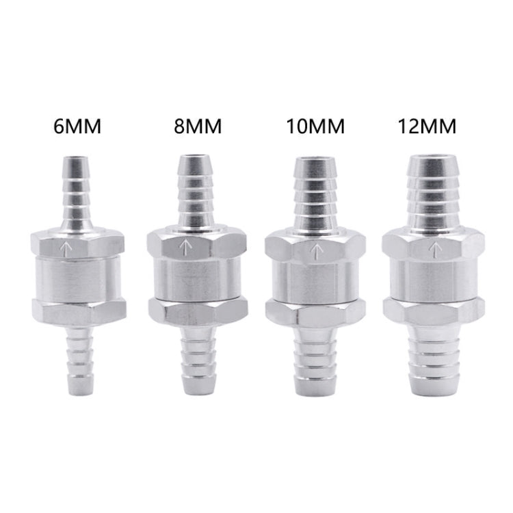 Silver one-way fuel check valves shown in 6mm, 8mm, 10mm, and 12mm sizes