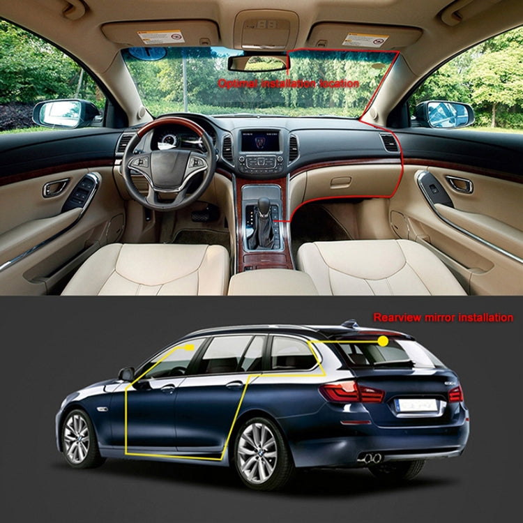 Car dash camera installation guide showing dashboard view and rear placement outline