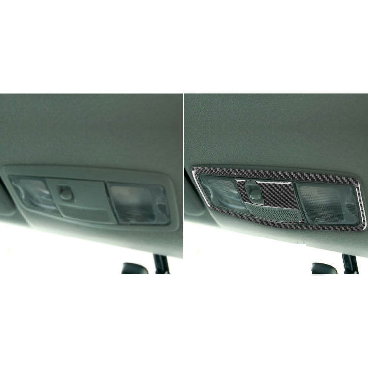 Car roof reading light bezel trim with carbon fiber look, shown side-by-side