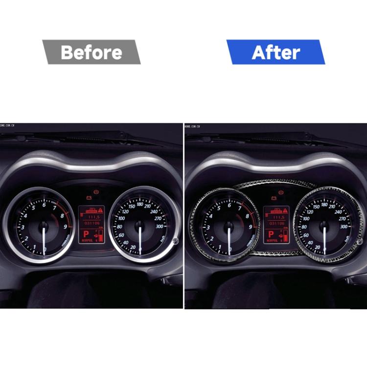 Before-and-after dashboard view showing carbon fiber ring stickers on gauges