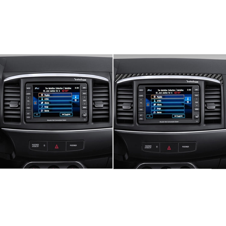 Before-and-after: carbon fiber navigation cover sticker added to the dashboard screen area.