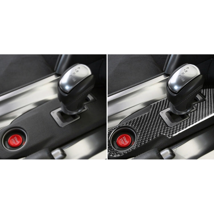 Gear shift panel trim sticker in carbon fiber pattern, before and after view