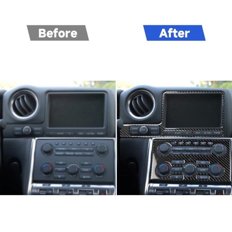 Car dashboard navigation trim stickers shown in before-and-after with carbon fiber finish