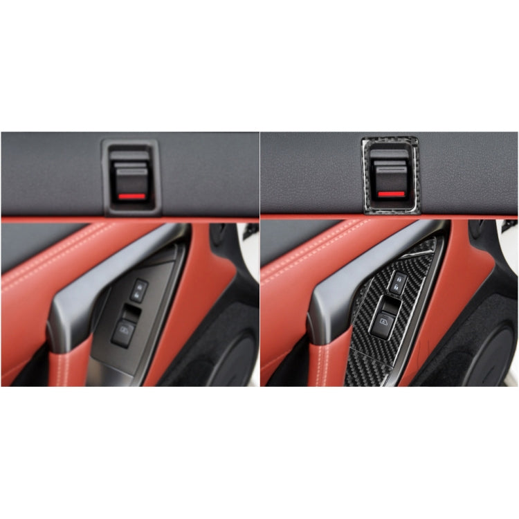 Car window switch trim stickers installed; before and after comparison