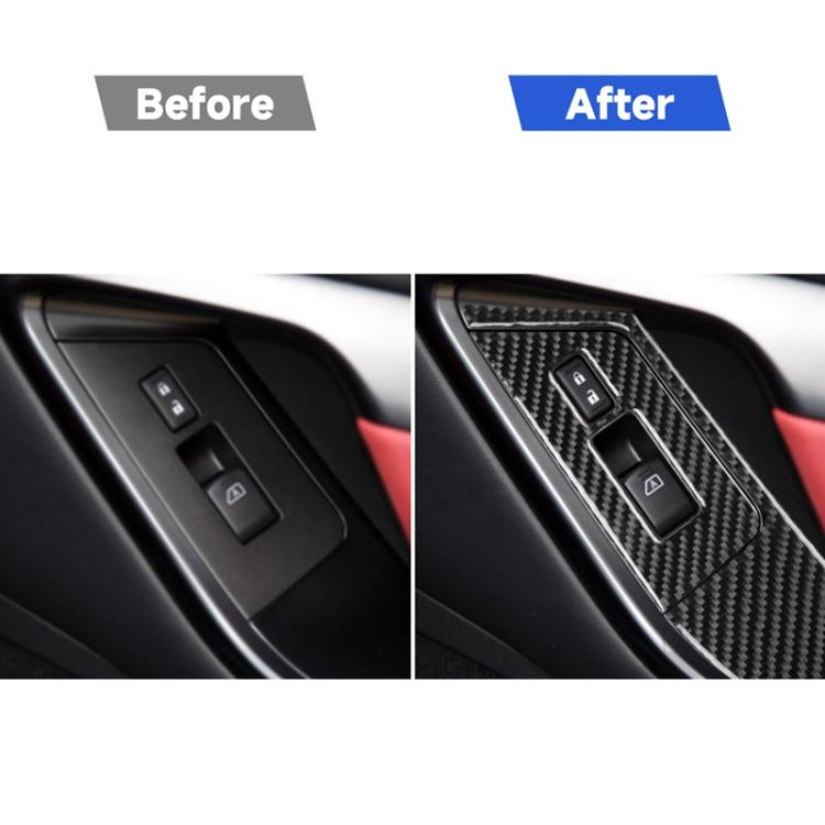 Before-and-after: carbon fiber window lift switch panel overlays on car door