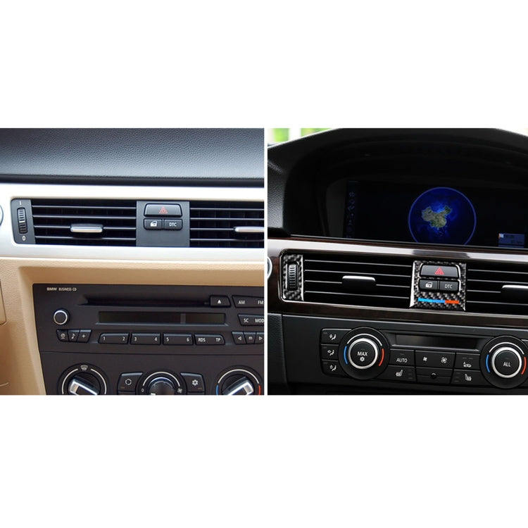 Car dashboard air vent with carbon fiber-look trim sticker, shown in before and after views