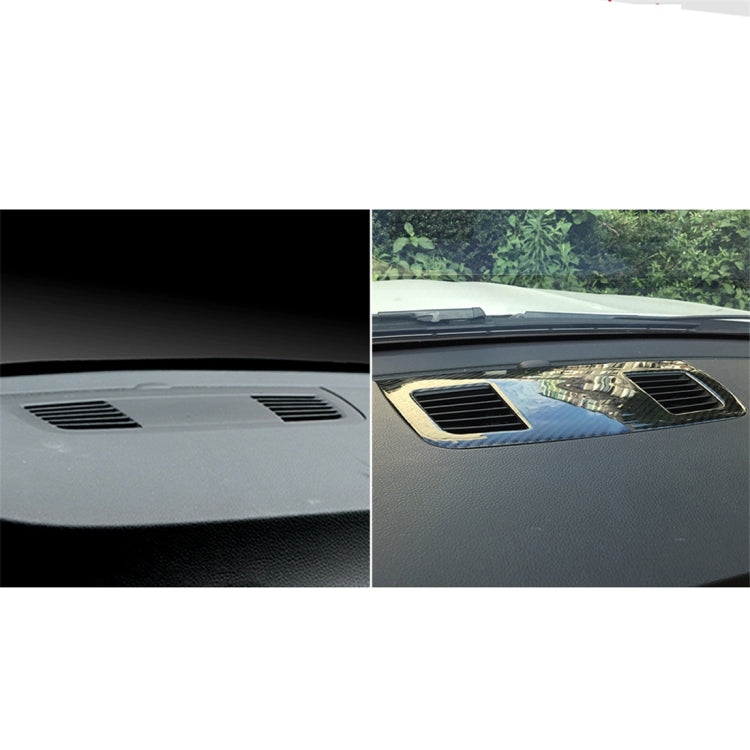 Carbon fiber-look dashboard vent trim sticker panel shown installed with two slat openings