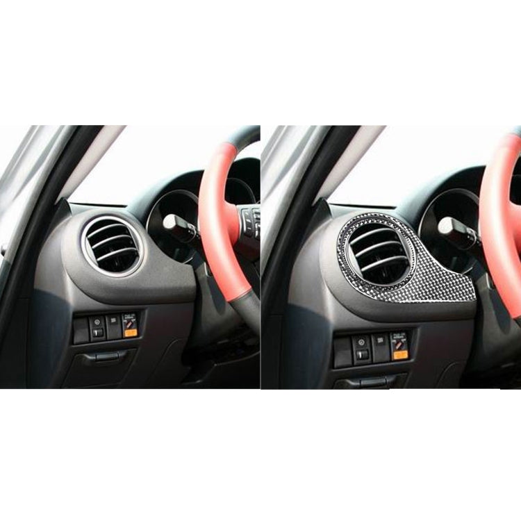 Before-and-after dashboard view of carbon-fiber air outlet ring sticker on vent