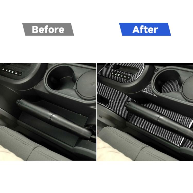 Before-and-after view of carbon fiber cup holder trim sticker on gear console.