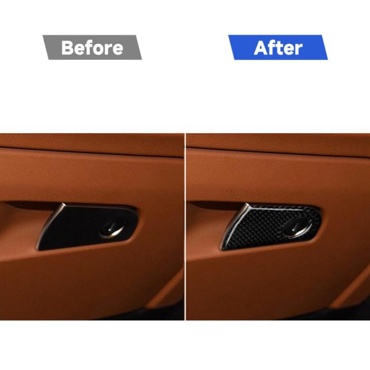 Before-and-after view of black carbon-fiber style storage trim with round opening