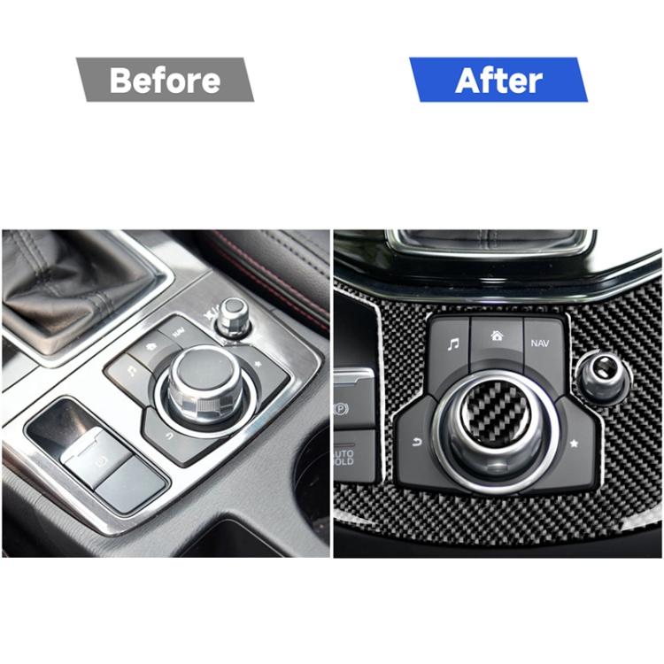 Before-and-after view of carbon fiber-look knob sticker on center console trim