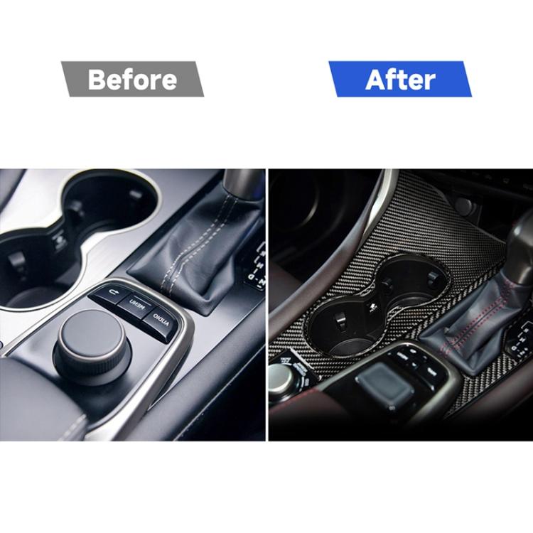 Carbon-fiber cup holder panel trim sticker installed around dual cup holders